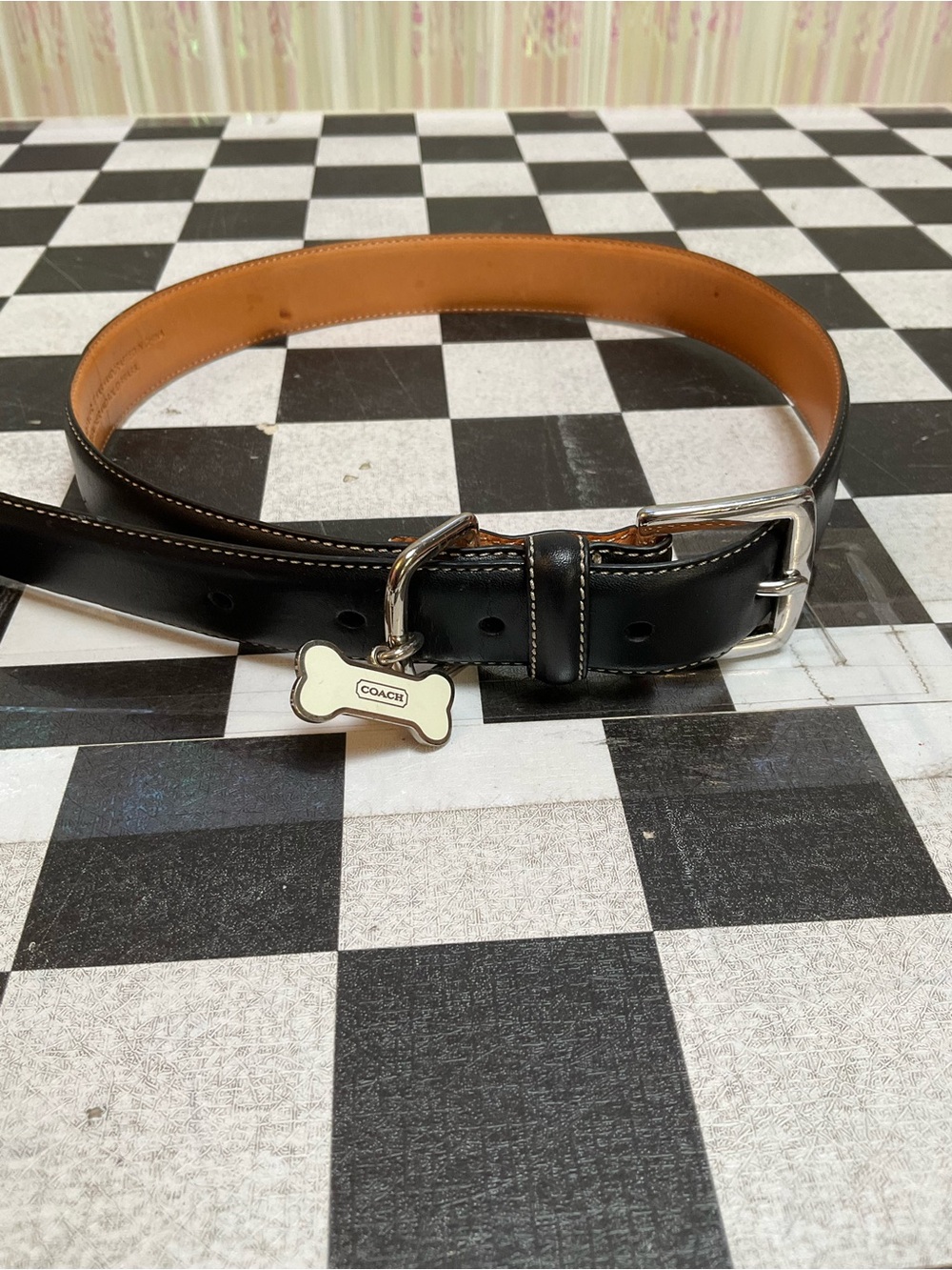 Coach Black Leather Dog Collar with Bone Charm
